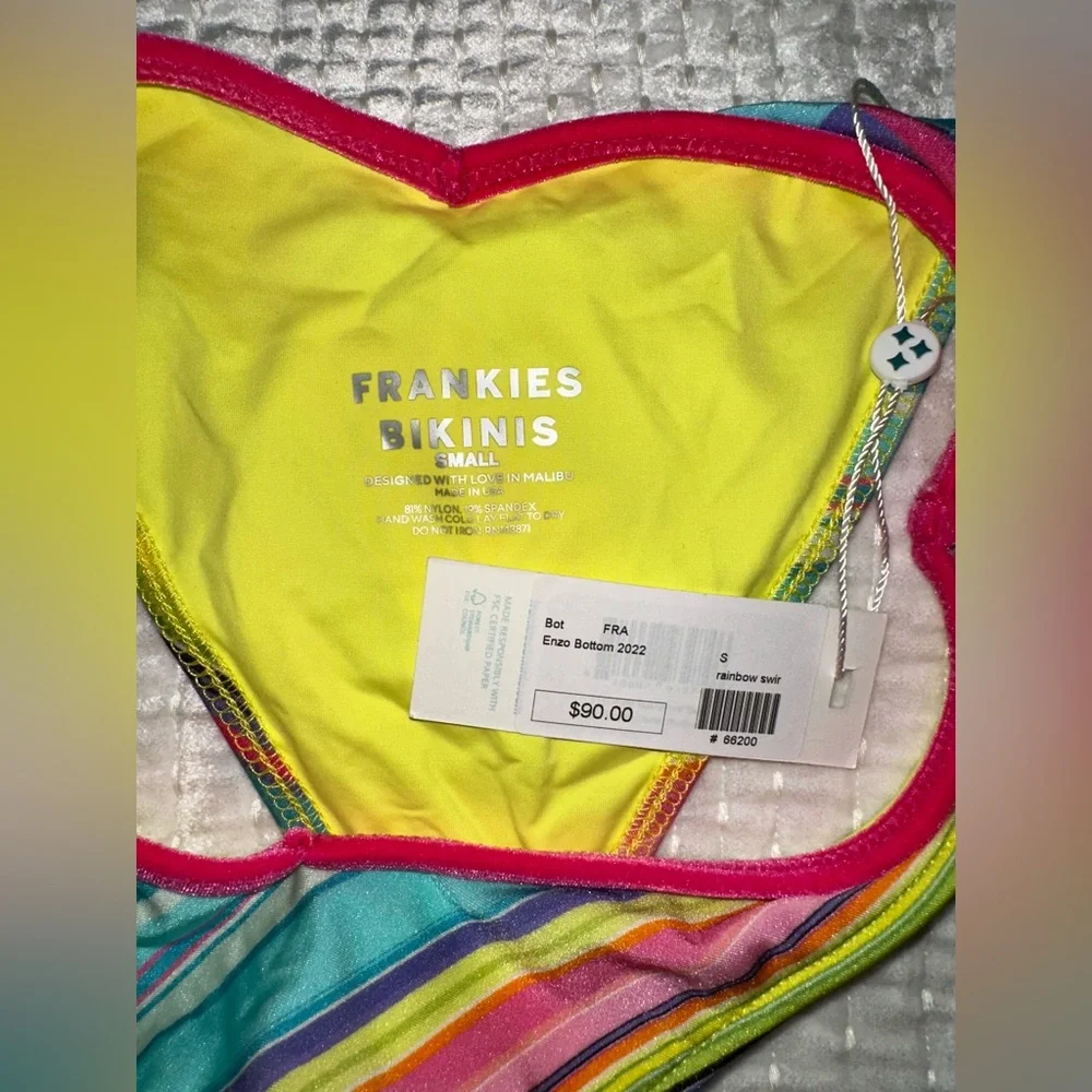 Frankie's Bikinis Multi-Color Striped Scoop Bikini with Hot Pink Trim